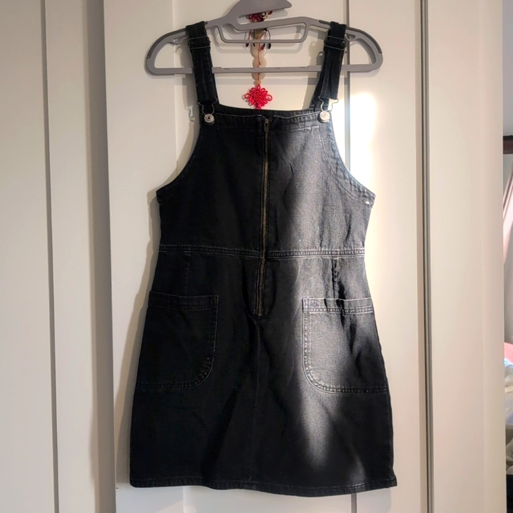 American Eagle Black Overall Zip Front Denim Mini Dress